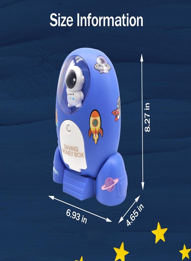 Trez Treamer Rocket Ship Piggy Bank for Boys Money Safe Astronaut Piggy Banks for Kids Cash Coin Can ATM Bank Coin Money Bank for Kids with Key Astronaut Sticker Practical Gifts for Children Boys and Girls (Blue) - Image 5